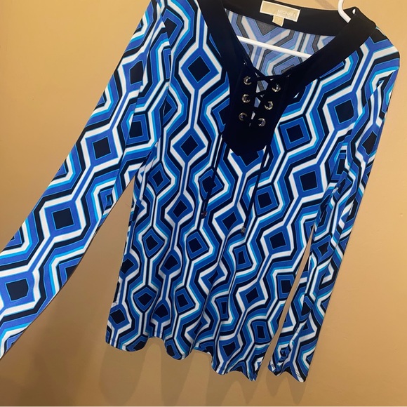 MICHAEL KORS Amalfi Blue Black Geometric Silk Blouse Long Sleeve Top Shirt - Picture 5 of 10